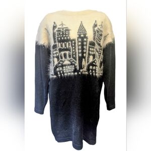 Vintage 1980s Sz L Angora Blend Cityscape Sweater dress With Rhinestones